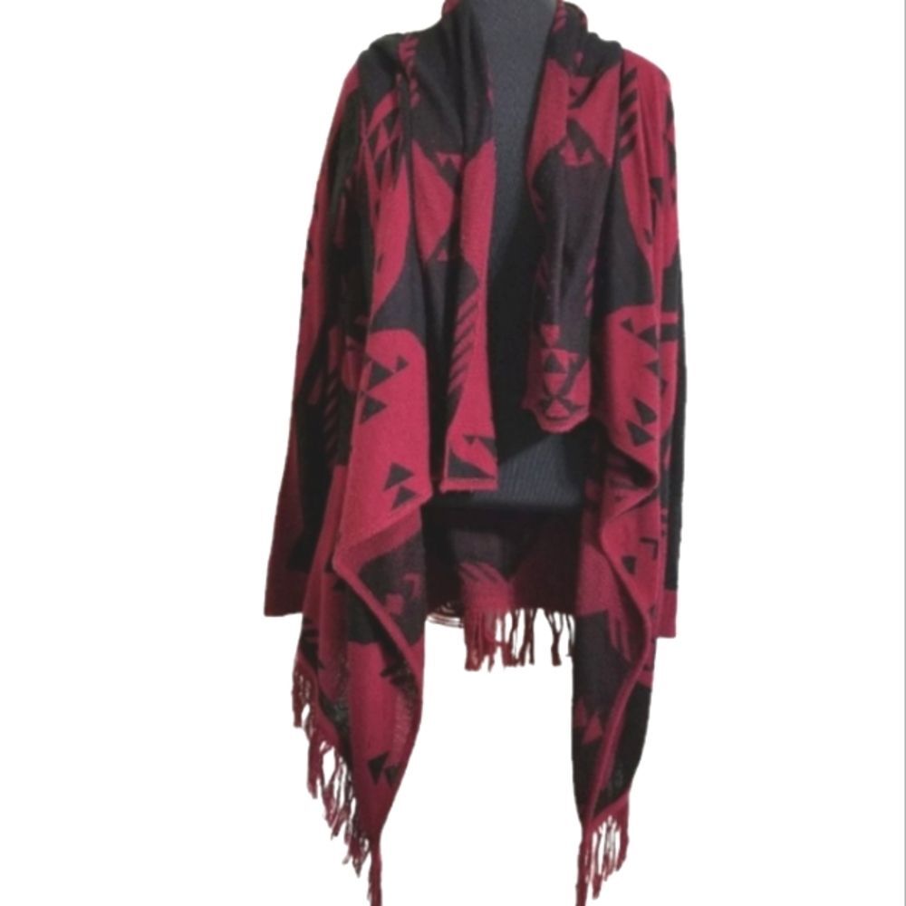 Aztec Design Maroon and Black Fringed Open Front Shawl L